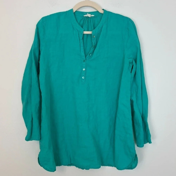 Eileen Fisher Organic Linen Split Neck Henley Tunic Top Turquoise XS Vacation - Picture 1 of 4